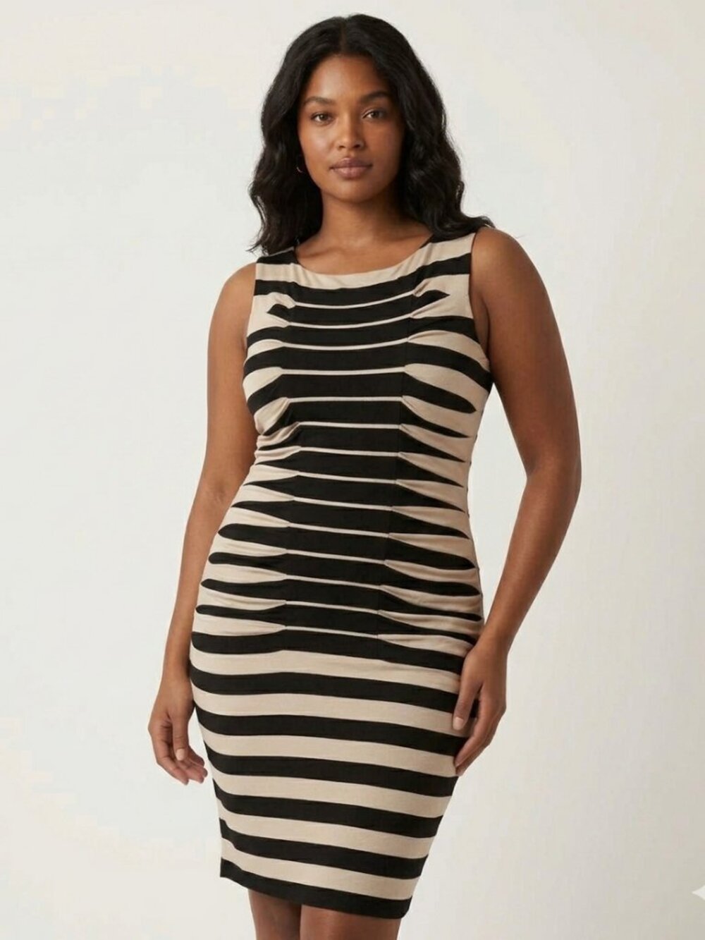 Betsey Johnson Black&Cream Horizontal Pleated Stripe Ruched Bodycon Dress Sz 10